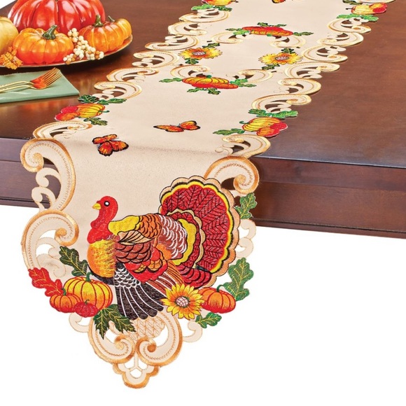 Festive Embroidered Turkey Table Runner - Multicolor & Beige 67.5 x 13 - Picture 4 of 4